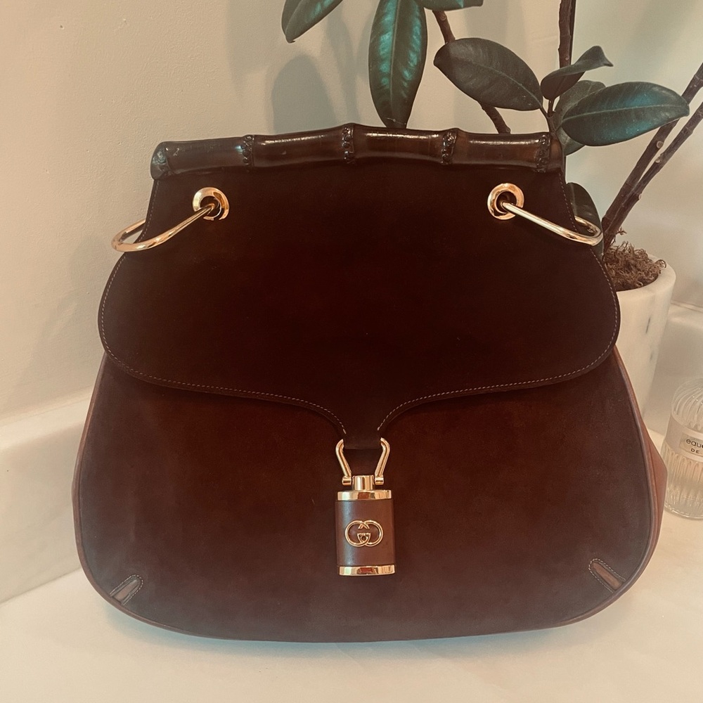 ❌SOLD❌ Authentic Gucci Bolso de hombro Brown Suede and Bamboo Vintage Bag - Picture 1 of 14